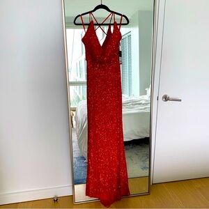 La Femme Luxurious Soft Sequin Dress with V Neckline Red NWT Size 4